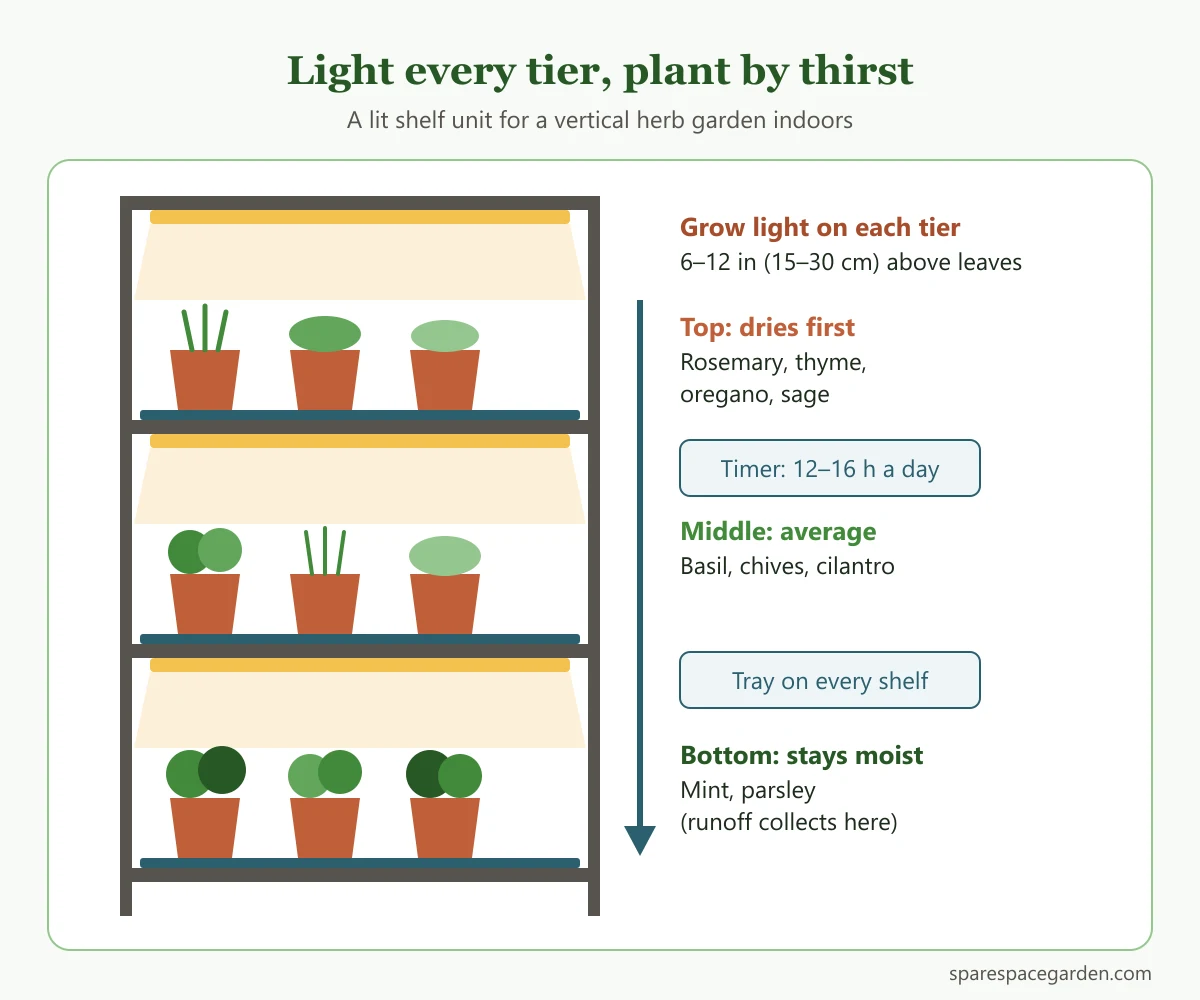 Side view of a tiered vertical herb garden indoors with a grow light under each shelf, dry-loving herbs on top and moisture-loving herbs at the bottom