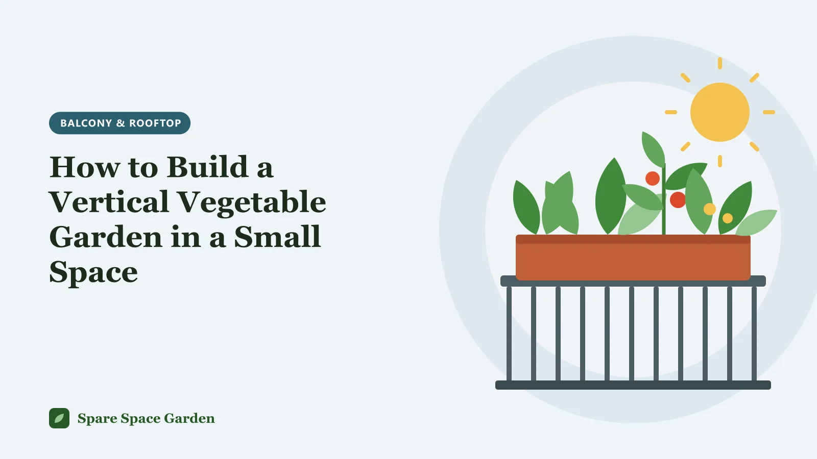 Illustration of a vertical vegetable garden on a balcony with cucumbers on a trellis, lettuce in wall pockets and herbs on a tiered shelf