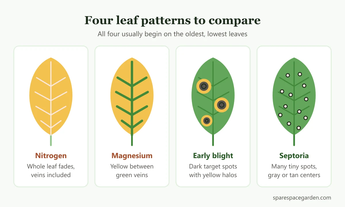 Four tomato leaf patterns compared: nitrogen shortage, magnesium deficiency, early blight and Septoria leaf spot