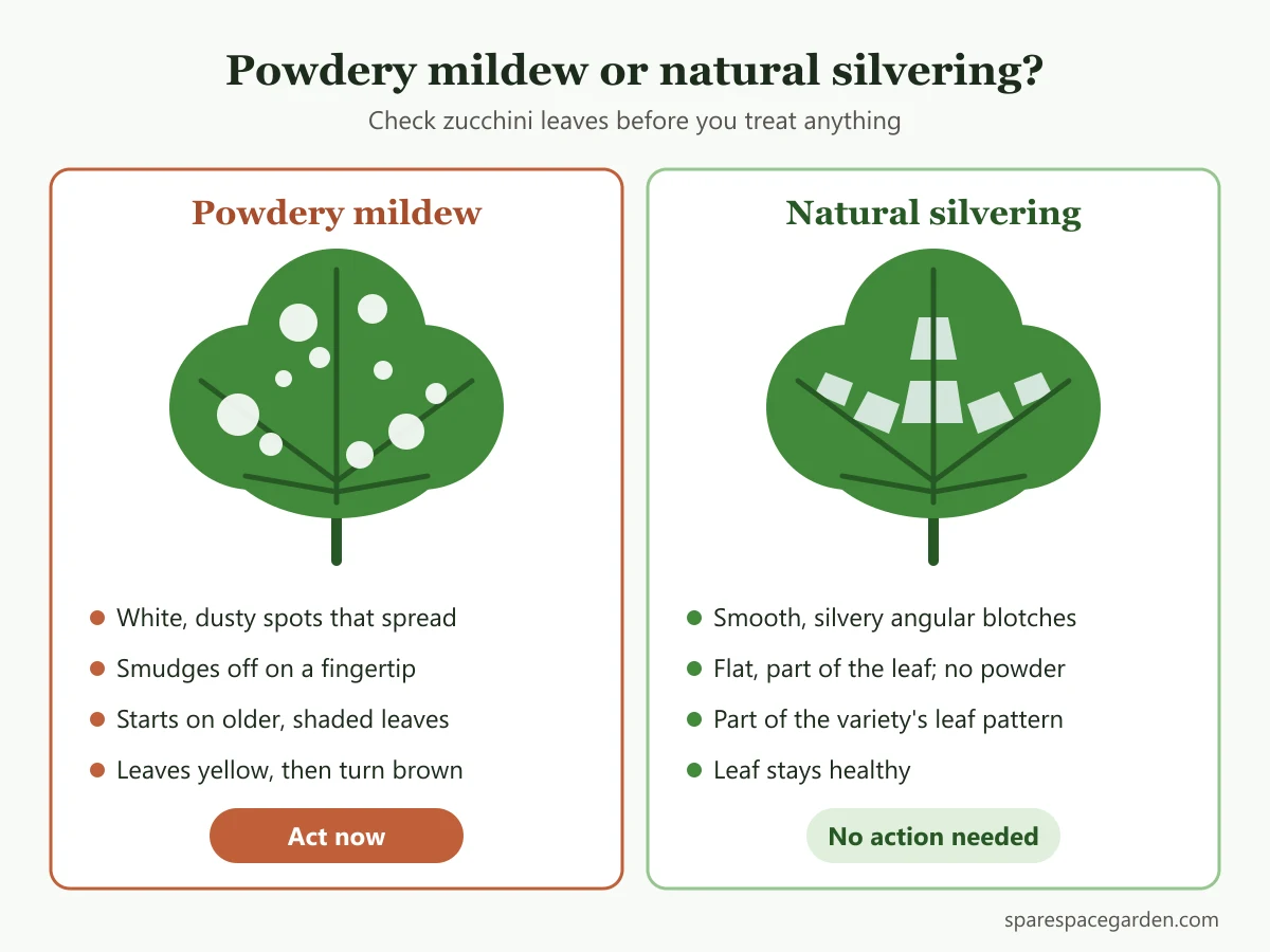 Side-by-side comparison of zucchini powdery mildew and natural silver leaf markings, with clues for telling them apart